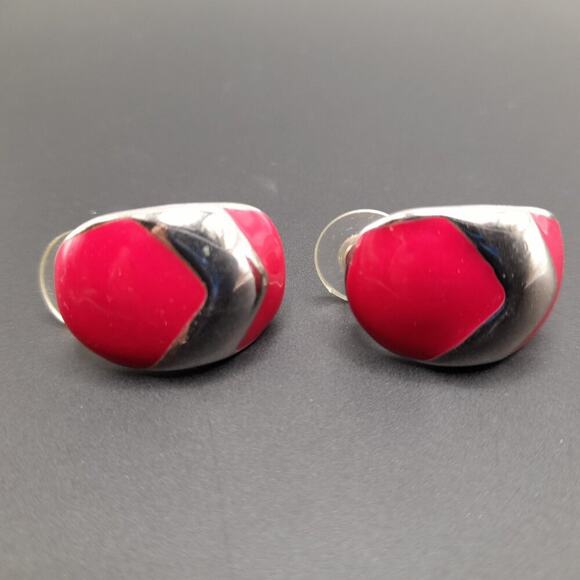 Vintage Red Enamel Silver Tone Post Earrings, 1 Inch - Picture 5 of 11